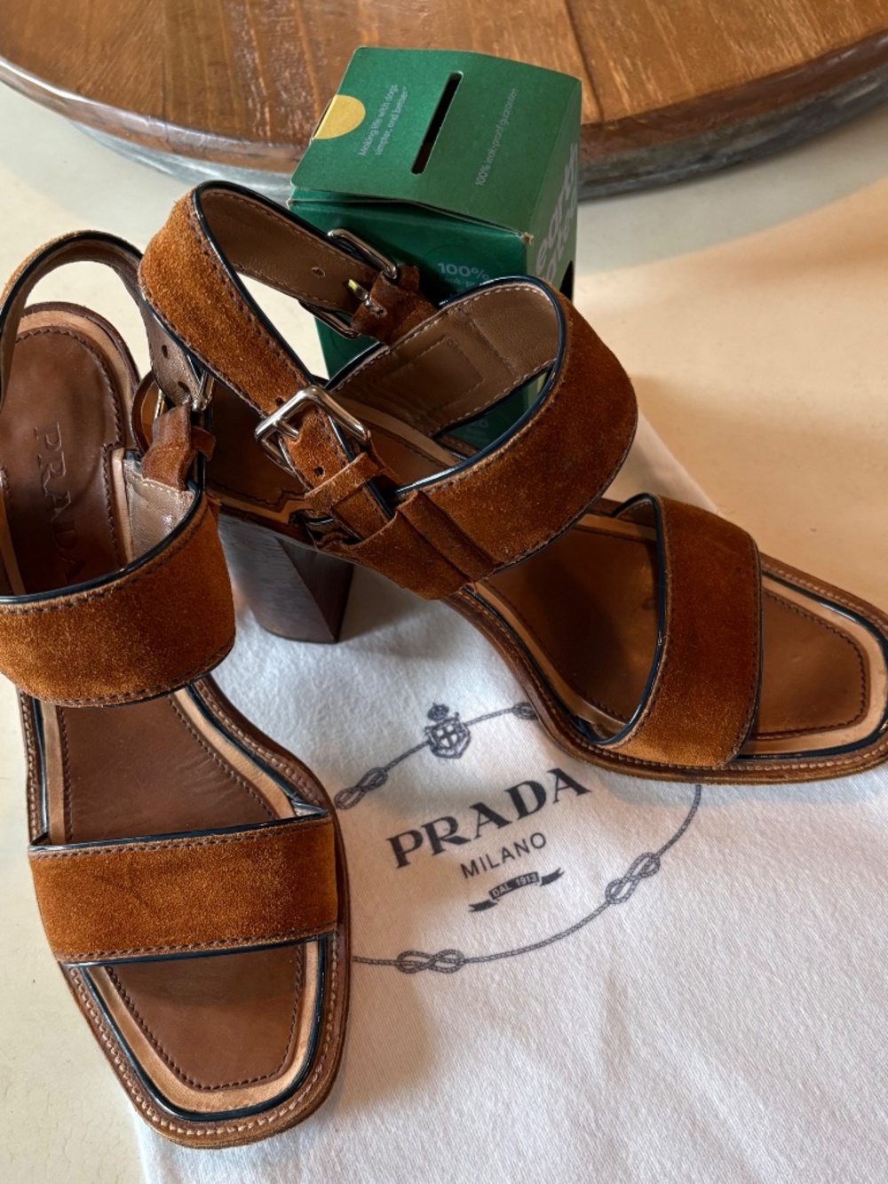 Prada Stacked Heel Sandals Size 37.5 (7.5 US) Brown Suede excellent condition - Picture 2 of 8